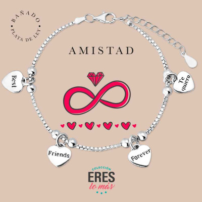 PULSERA DE LA AMISTAD PLATA "ERES LO MÁS"  CON CUATRO COLGANTES METAL BAÑADO EN PLATA