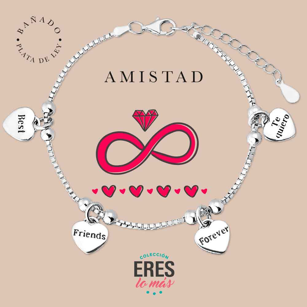 PULSERA DE LA AMISTAD PLATA "ERES LO MÁS"  CON CUATRO COLGANTES METAL BAÑADO EN PLATA