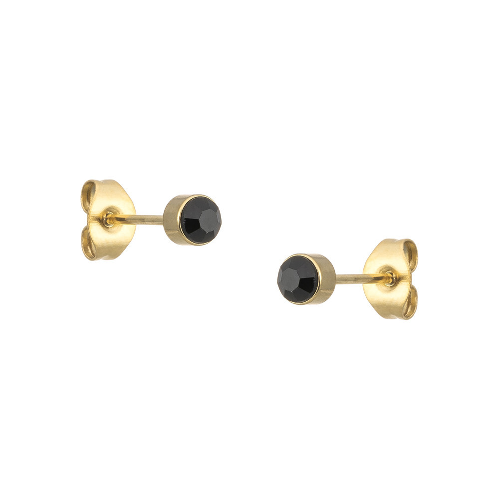 PENDIENTES ACERO BAÑO ORO CIRCONITA COLOR NEGRO CIERRE PRESIÓN